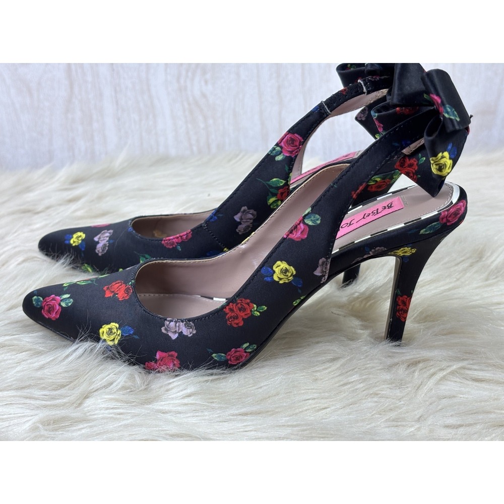 Betsey Johnson Ginjer Floral Heels‎ Women's 7M Black Satin Slingback Bow - Picture 2 of 7